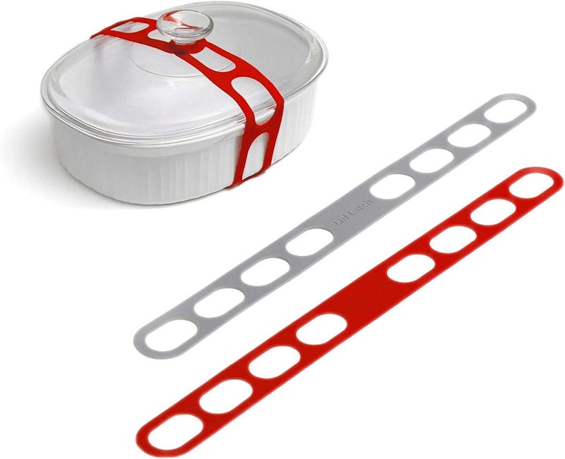 mella Lid Latch the reusable universal lid securing strap for crockpots, casserole dishes, pots, pans and more. Make it easy to transport your favorite dishes with one simple strap. (Polybag Red/Grey) - Image 1
